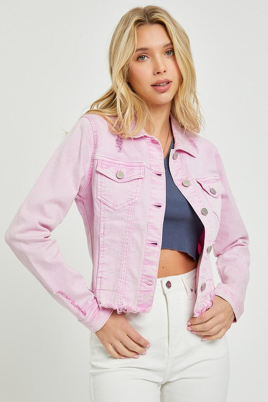 Light Pink Distressed Denim Jacket, Denim