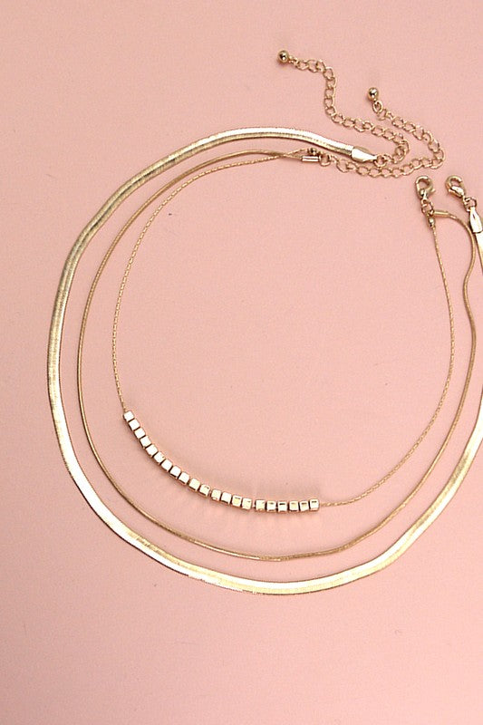 Triple Layered Snake and Herringbone Chain Necklace