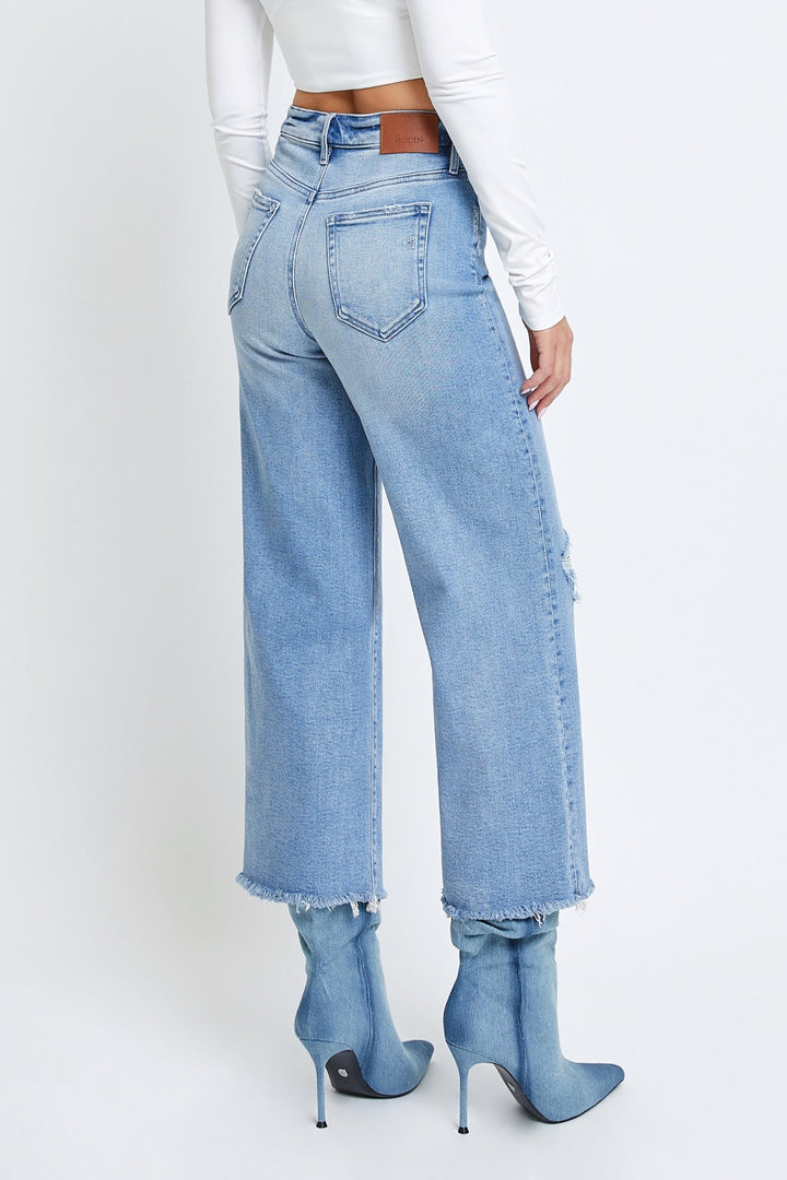 The Vintage Wash Knee Distressed Cropped Wide Leg Jean