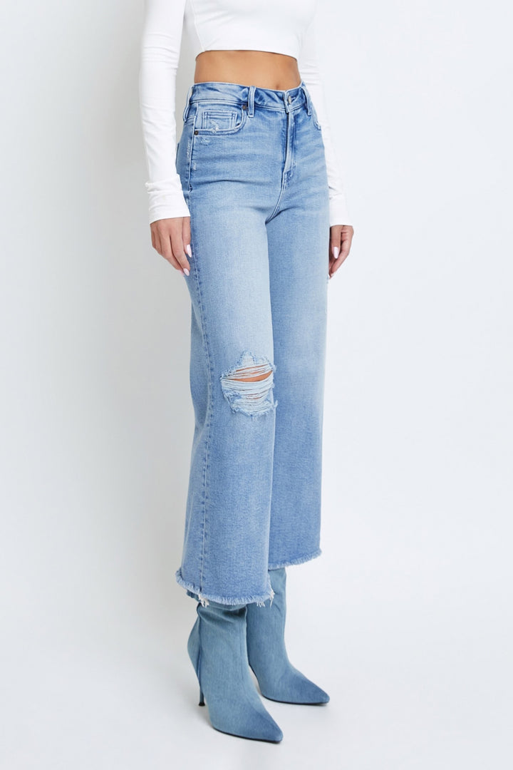 The Vintage Wash Knee Distressed Cropped Wide Leg Jean