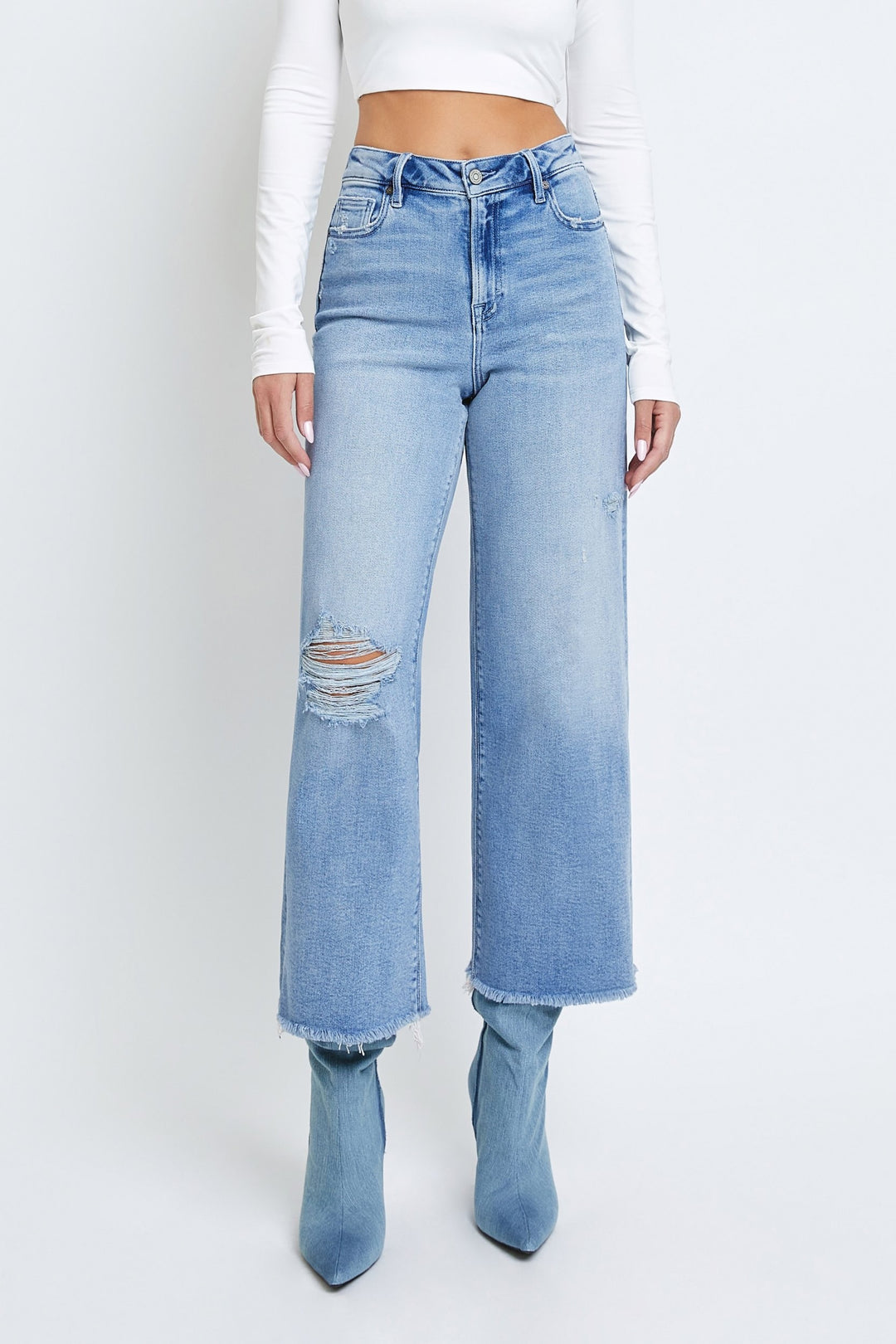 The Vintage Wash Knee Distressed Cropped Wide Leg Jean