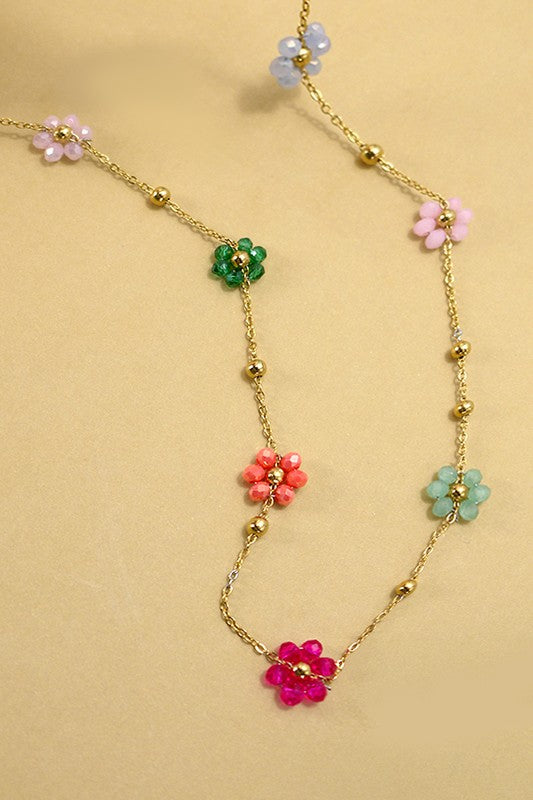 Multi Beaded Flower Charm Necklace