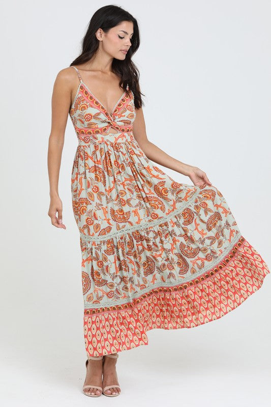 The Forever More Coral Print Tiered Maxi Dress