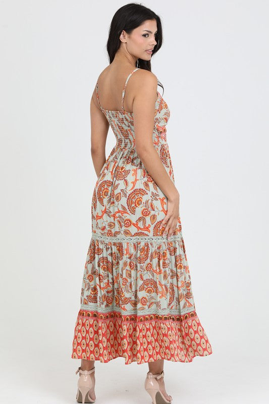 The Forever More Coral Print Tiered Maxi Dress