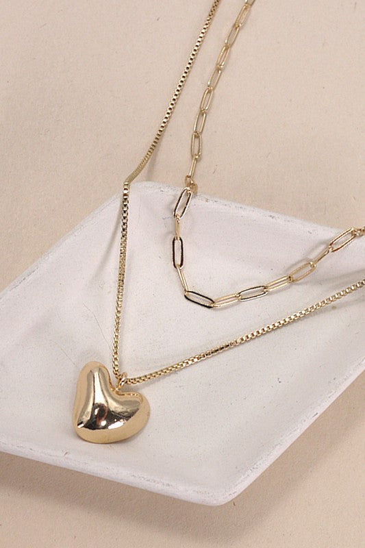 Gold Double Layer Heart Pendant Necklace