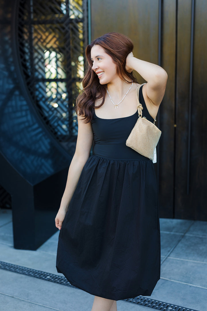 The Floating on Air Black Balloon Hem Midi Dress