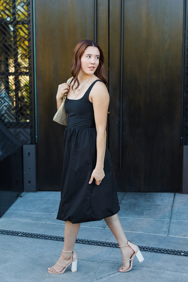 The Floating on Air Black Balloon Hem Midi Dress