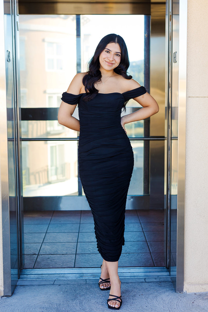 The All The Glamour Black Mesh Off The Shoulder Bodycon Dress