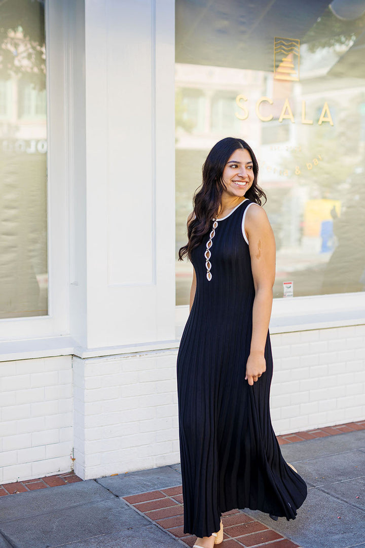 The Keeping In Contact Black Ribbed Maxi Dress