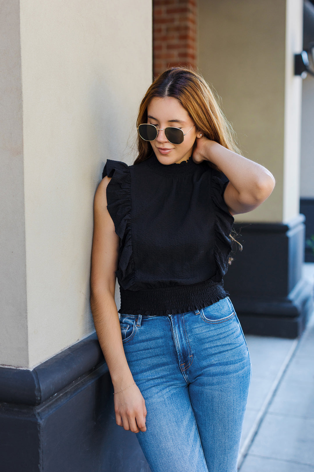 The City Nights Black Mock Neck Ruffled Top