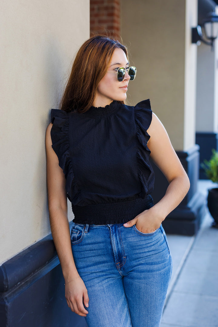 The City Nights Black Mock Neck Ruffled Top