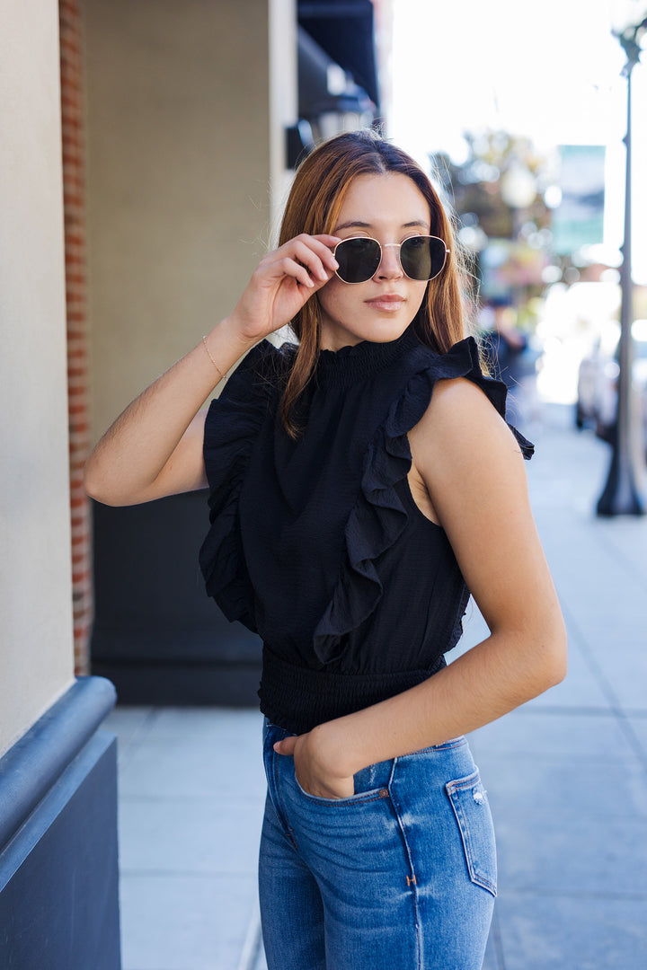 The City Nights Black Mock Neck Ruffled Top