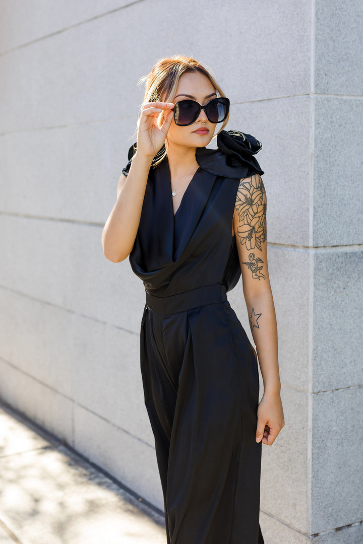 The Modern Elegance Floral Shoulder Satin Jumpsuit