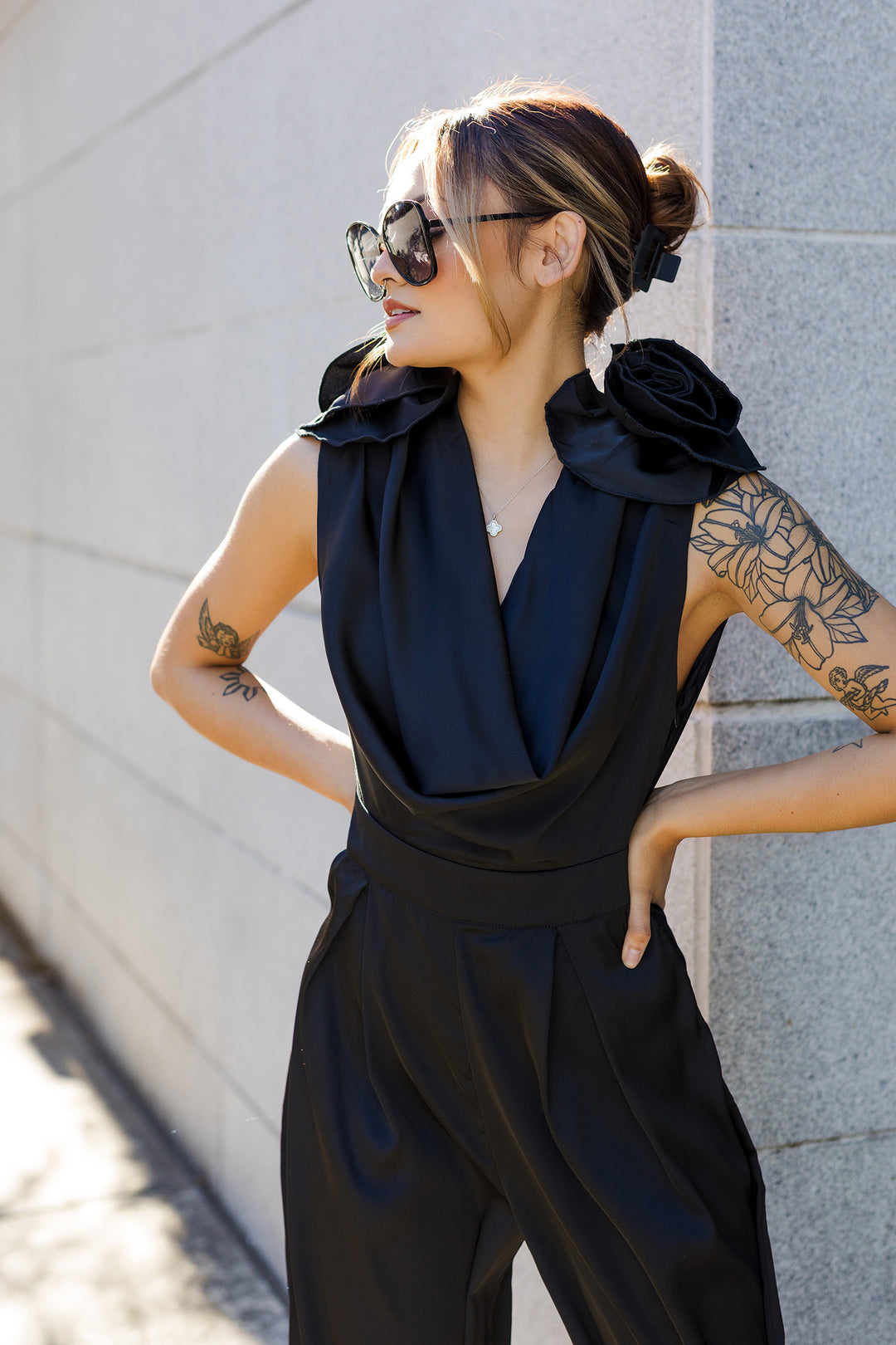 The Modern Elegance Floral Shoulder Satin Jumpsuit