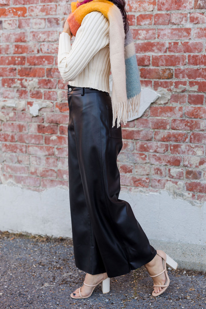 The Holiday Elegance Black Faux Leather Wide Leg Pants