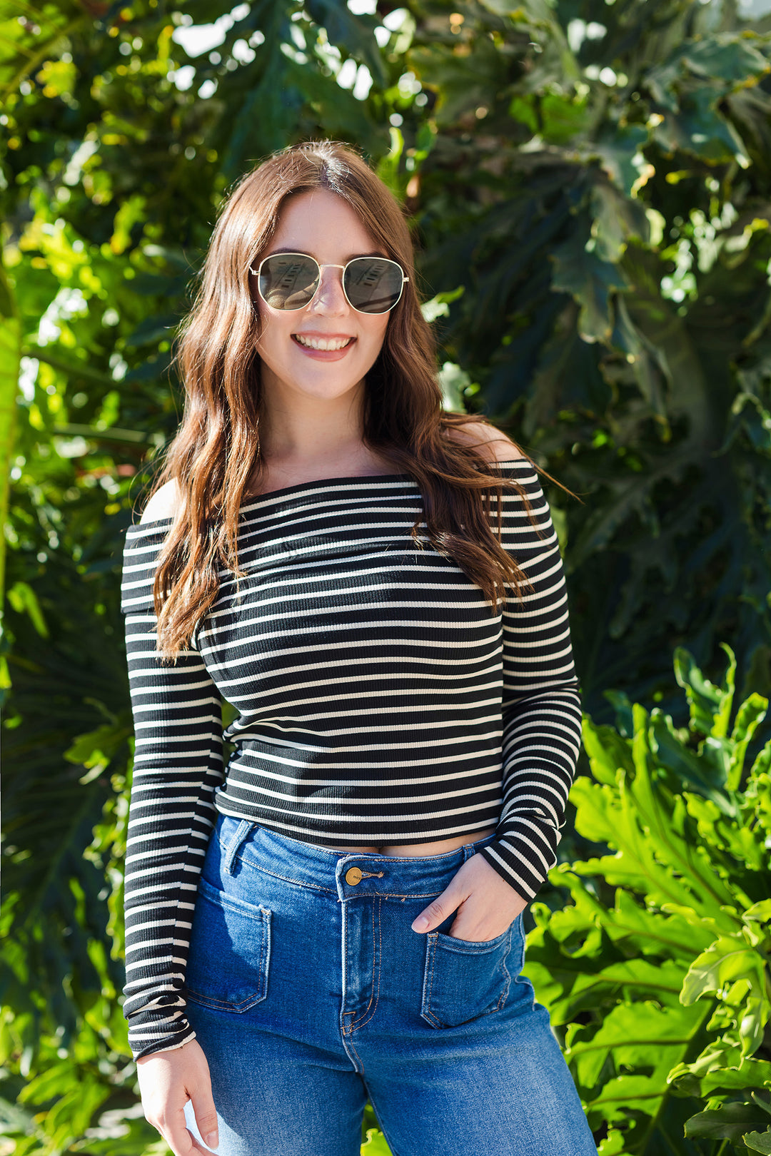 The Finish Line Black and Beige Stripe Off-Shoulder Top