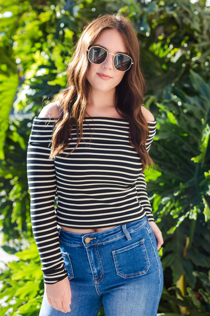 The Finish Line Black and Beige Stripe Off-Shoulder Top