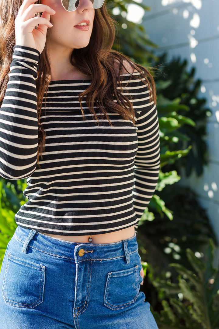 The Finish Line Black and Beige Stripe Off-Shoulder Top