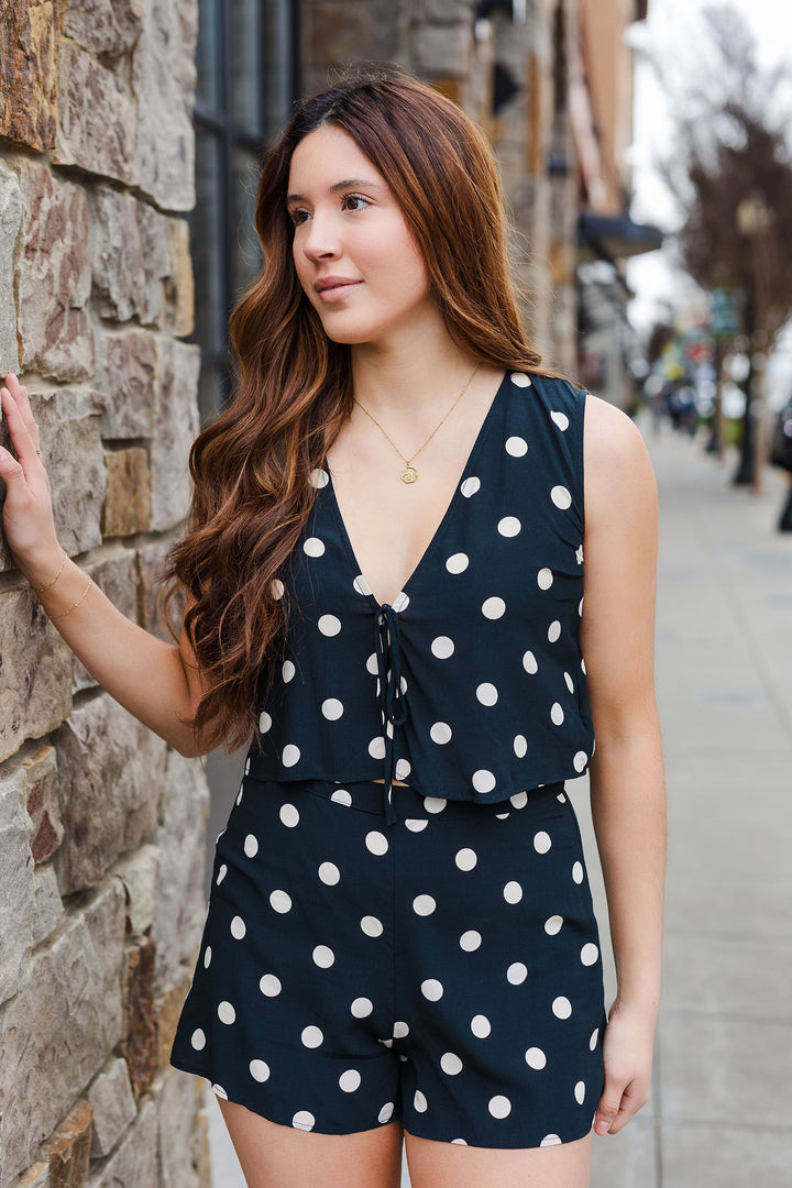 The Riviera Black Polka Dot Tie Front Top