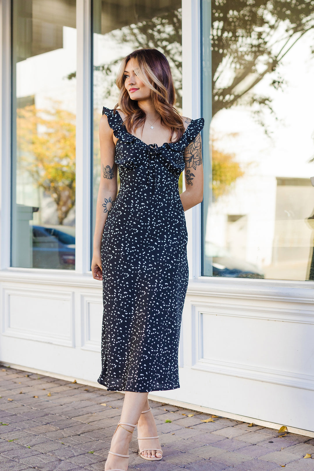 The Giving It A Whirl Black Polka Dotted Midi Dress