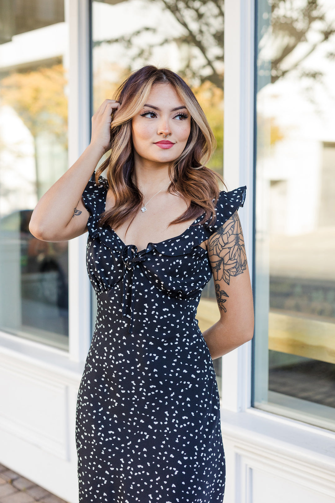 The Giving It A Whirl Black Polka Dotted Midi Dress