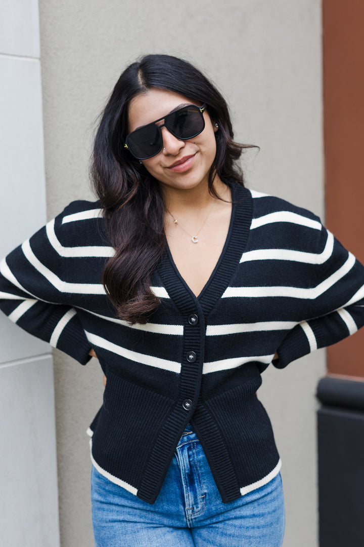 The Larger Than Life Black and Cream Striped Cardigan