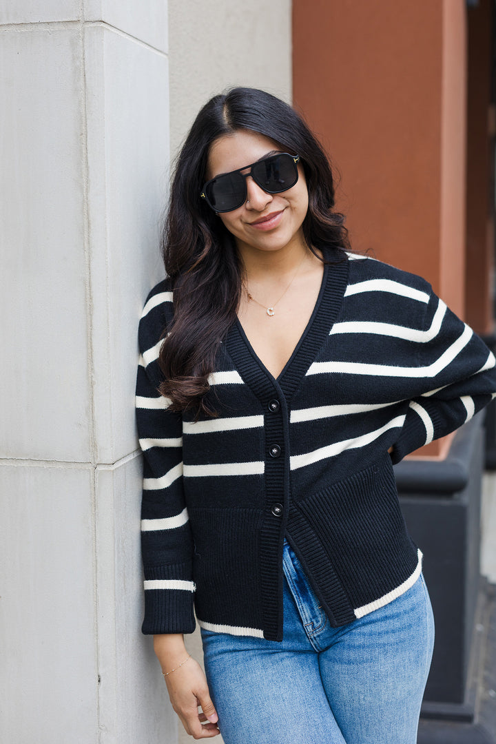 The Larger Than Life Black and Cream Striped Cardigan