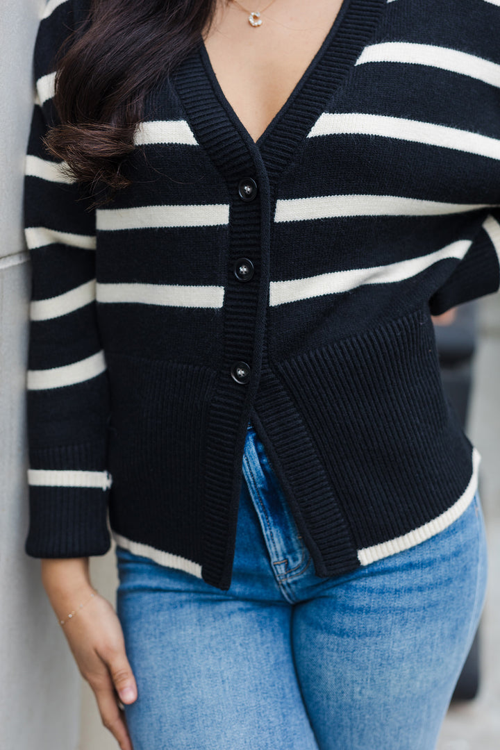 The Larger Than Life Black and Cream Striped Cardigan