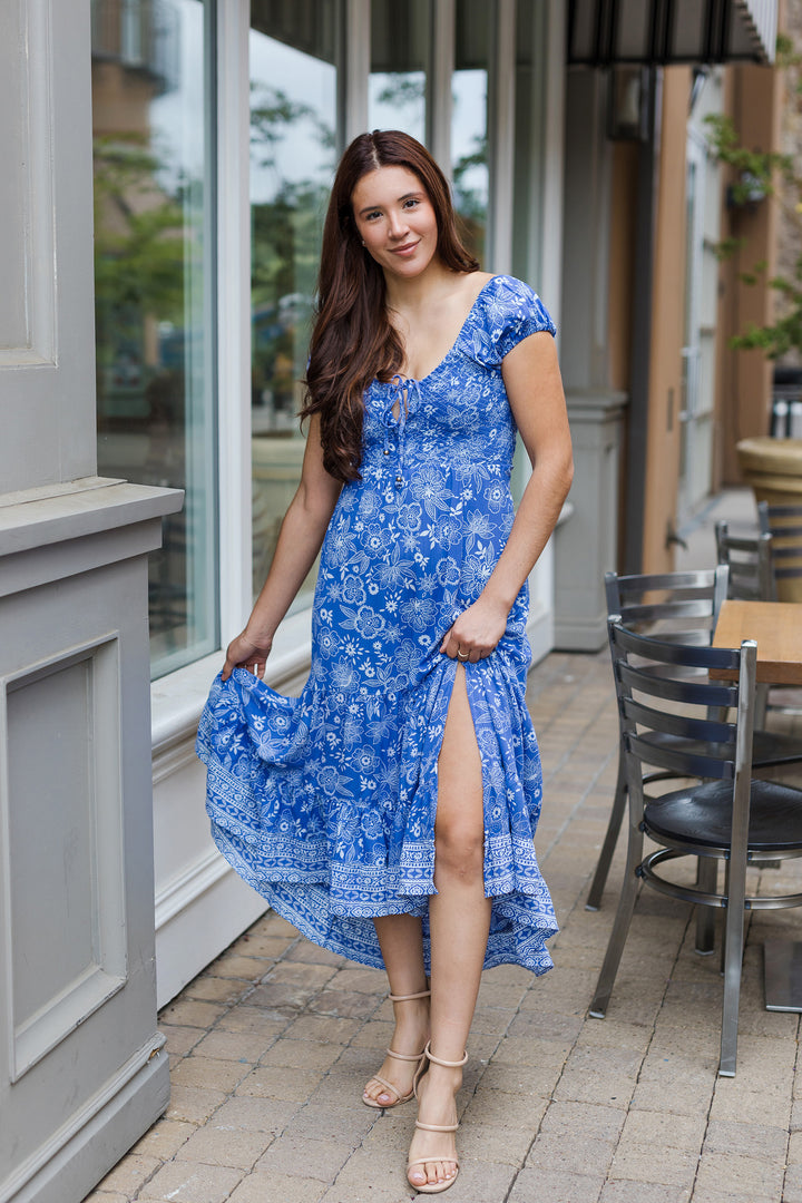 The Blue Bayou Cross Back Floral Print Maxi Dress