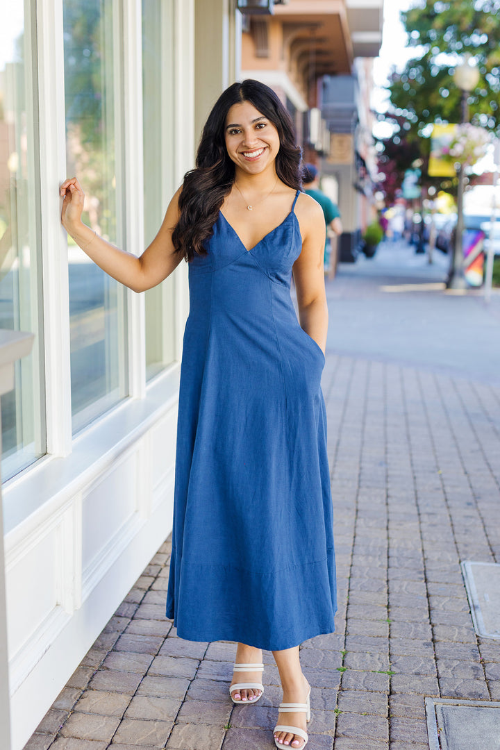 The Jolene Denim Blue Linen Maxi Dress