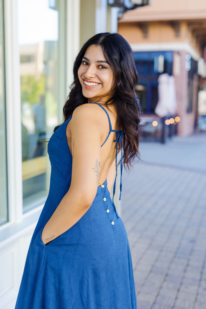 The Jolene Denim Blue Linen Maxi Dress