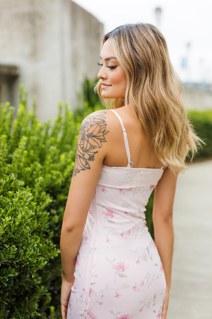 The Flower Play Pink Mesh  Maxi Dress