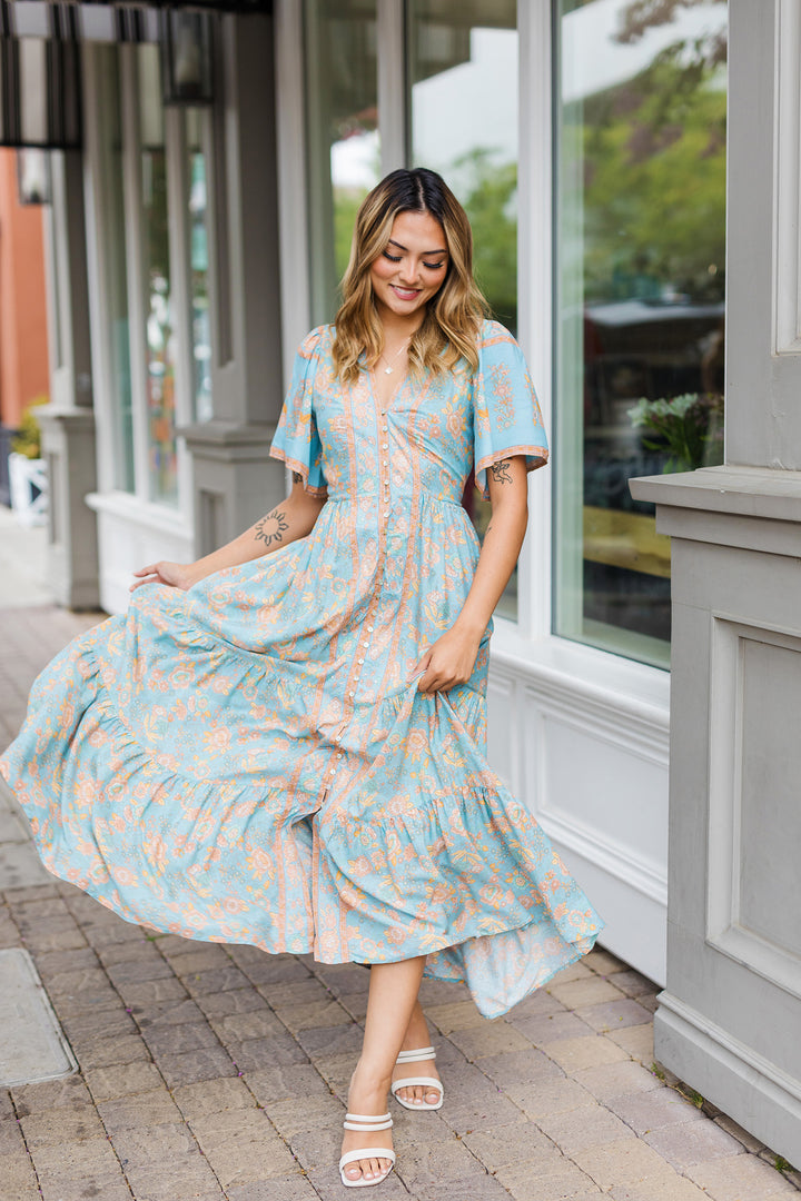 The Oceanside Dusty Blue Floral Print Maxi Dress