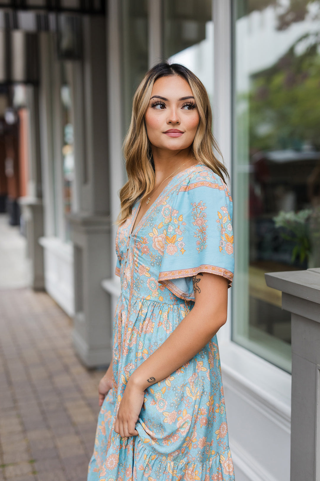 The Oceanside Dusty Blue Floral Print Maxi Dress