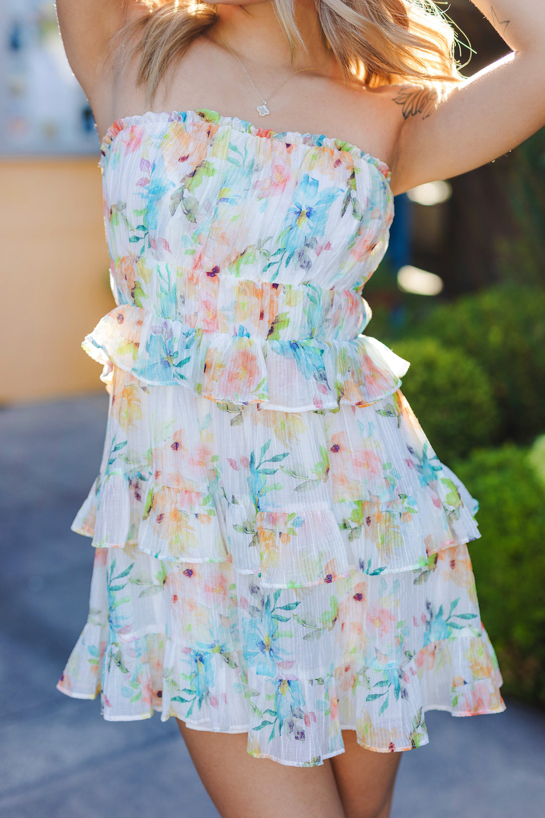 The Primrose Path Floral Print Strapless Mini Dress