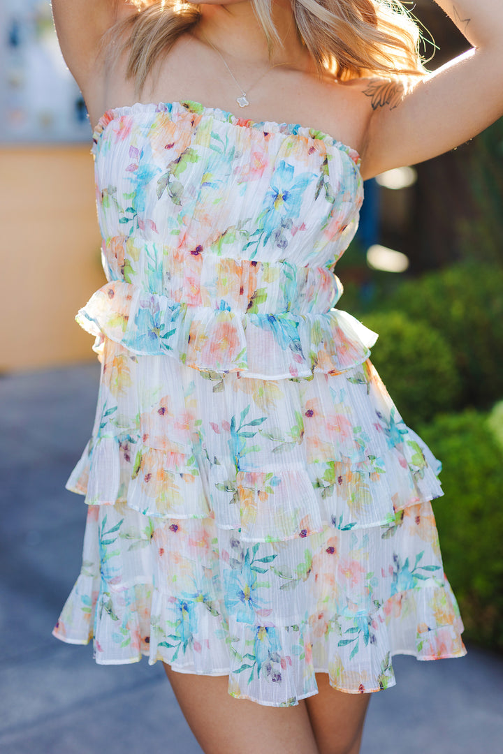 The Primrose Path Floral Print Strapless Mini Dress