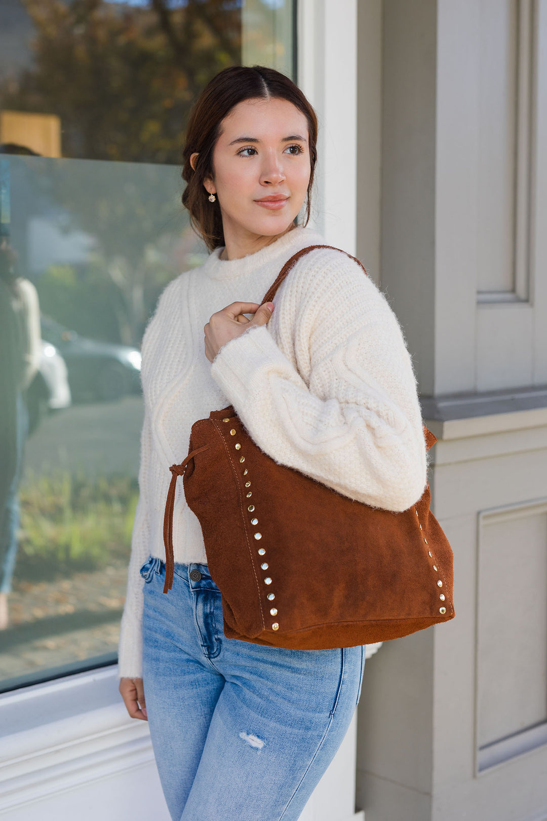 The Rimiano Suede Leather Studded Tote Bag