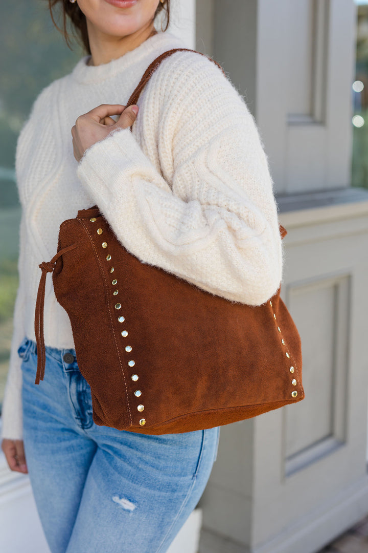 The Rimiano Suede Leather Studded Tote Bag