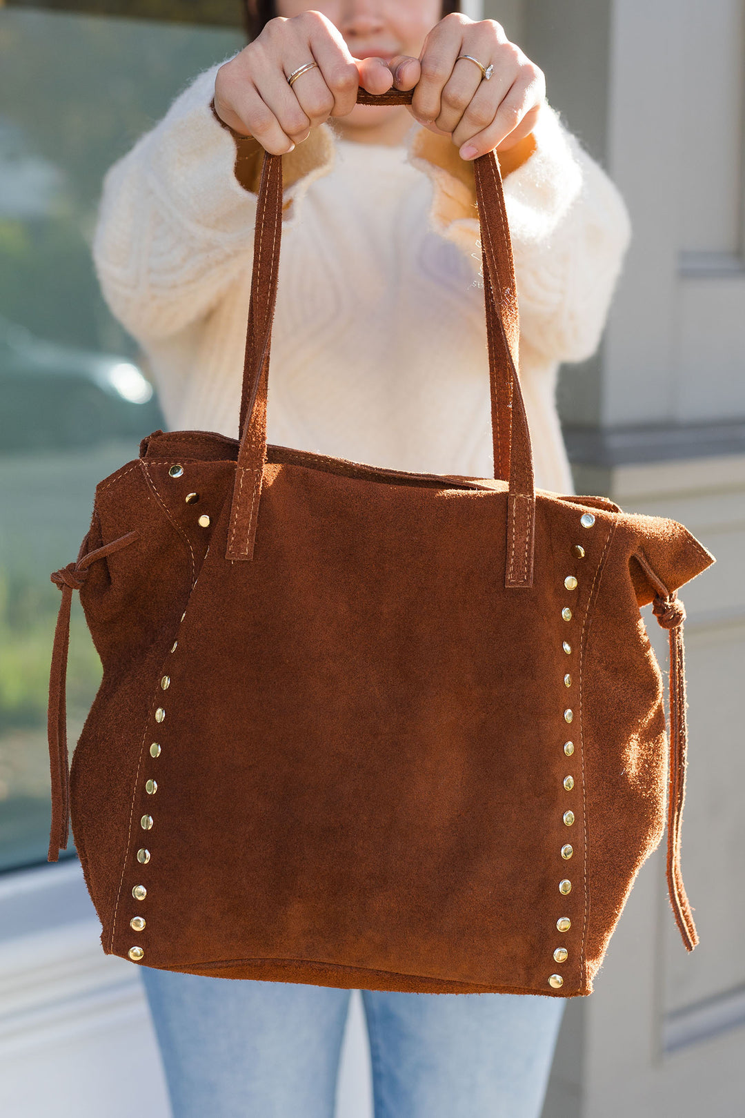 The Rimiano Suede Leather Studded Tote Bag