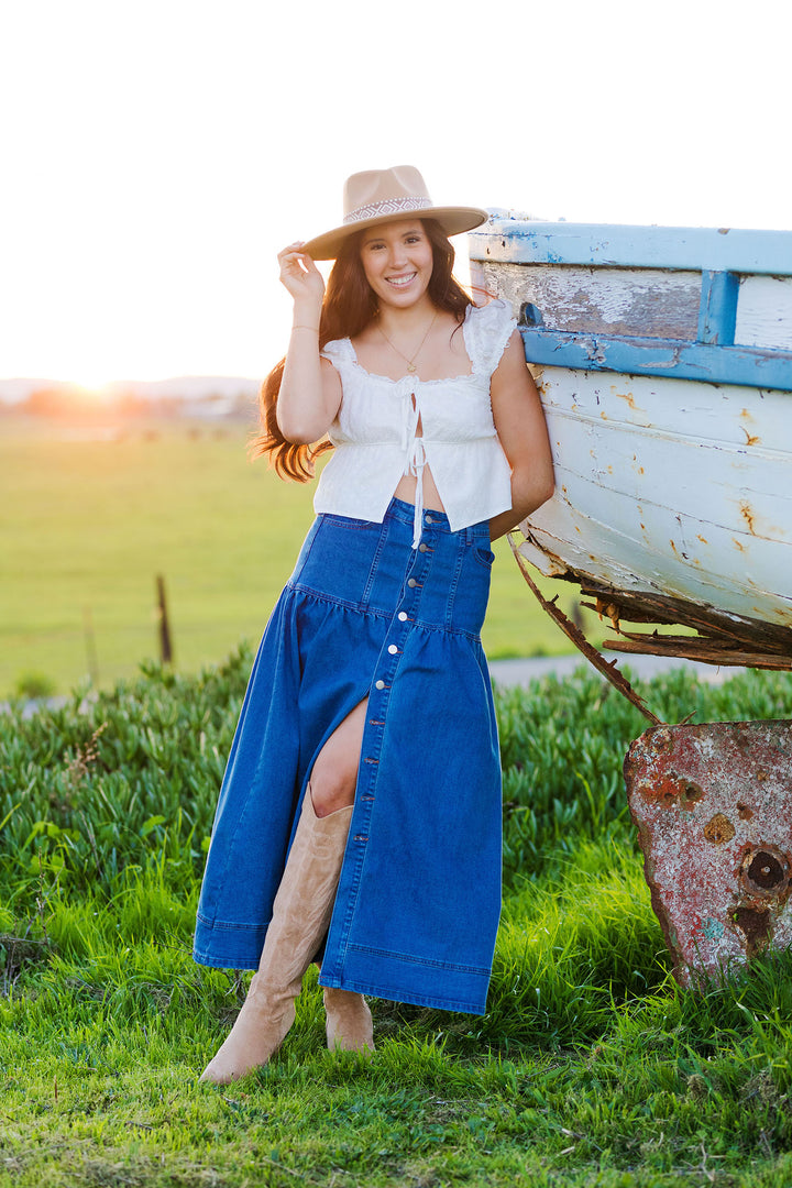 The Denim Days Chambray Button Front Maxi Skirt