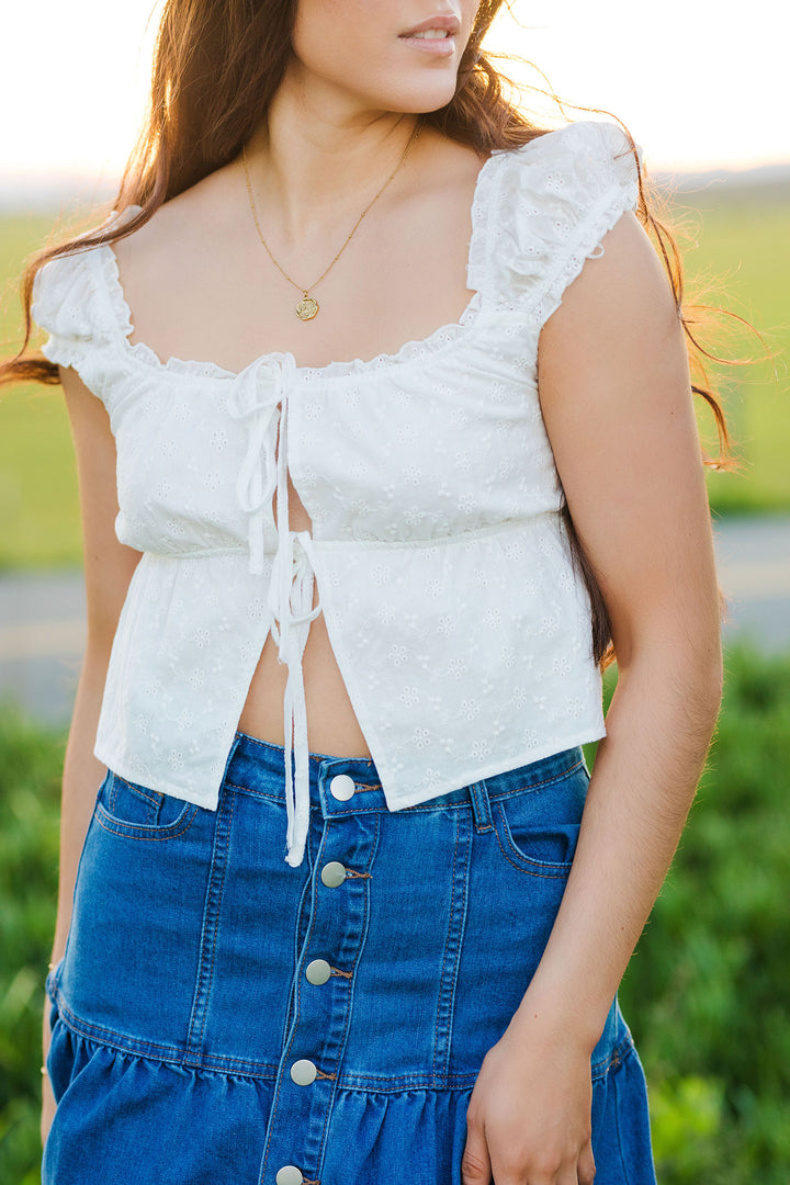 The Chantilly White Tie Front Top