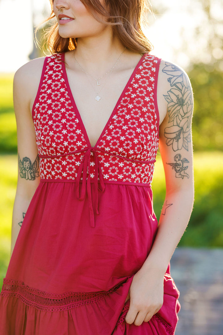 The Be Mine Red Embroidered Maxi Dress