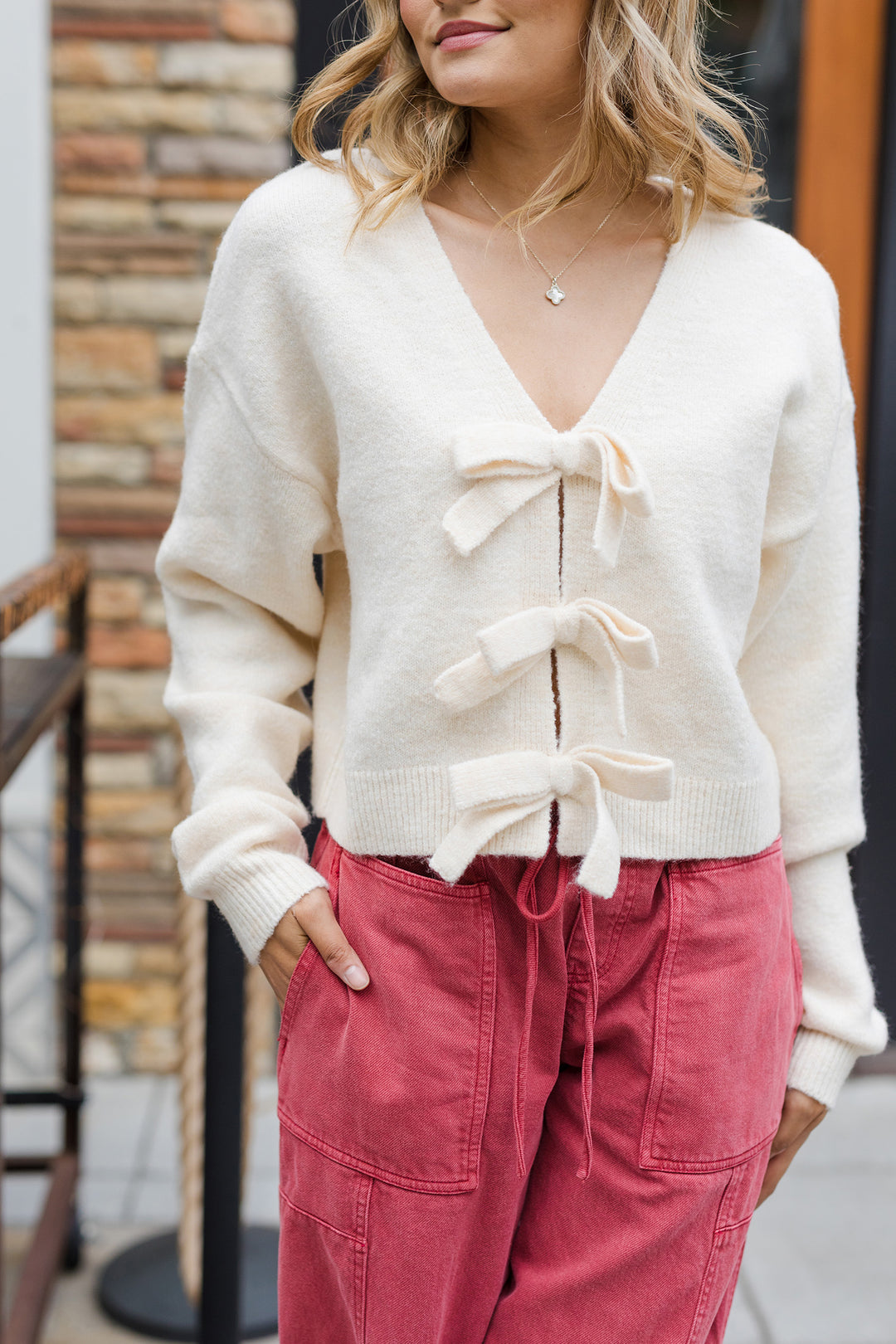 The Ribbons and Bows Cream Soft Knit Sweater