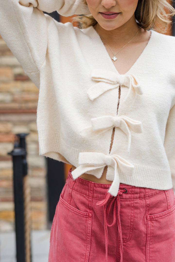 The Ribbons and Bows Cream Soft Knit Sweater