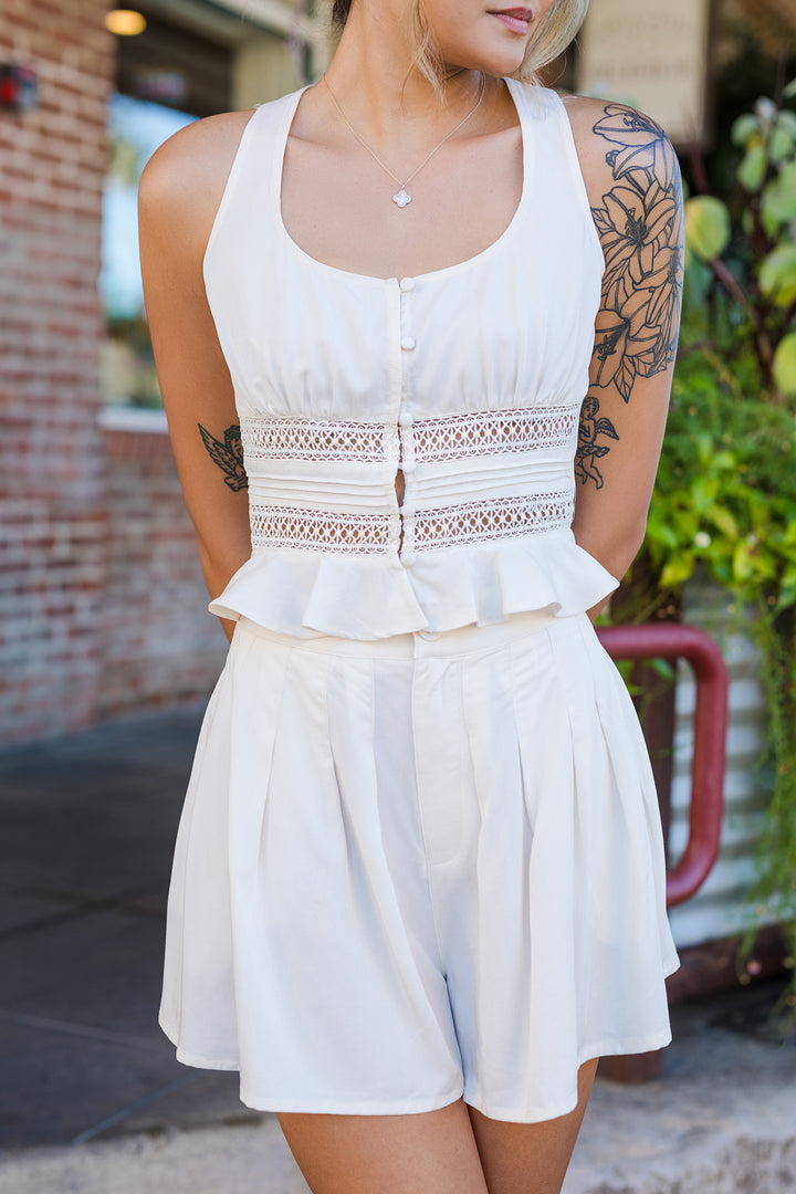 The Carolina Cream Lace Trim Button Front Top