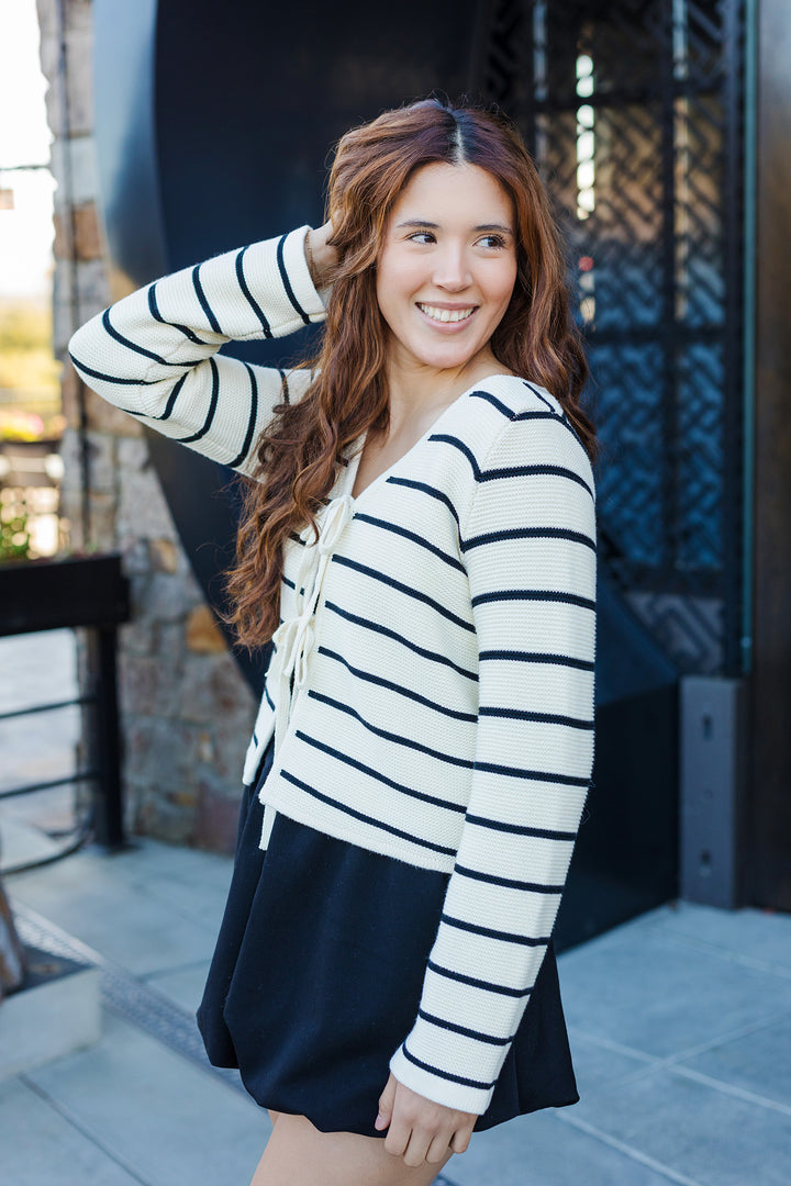 The Tied and True White and Black Striped Cardigan