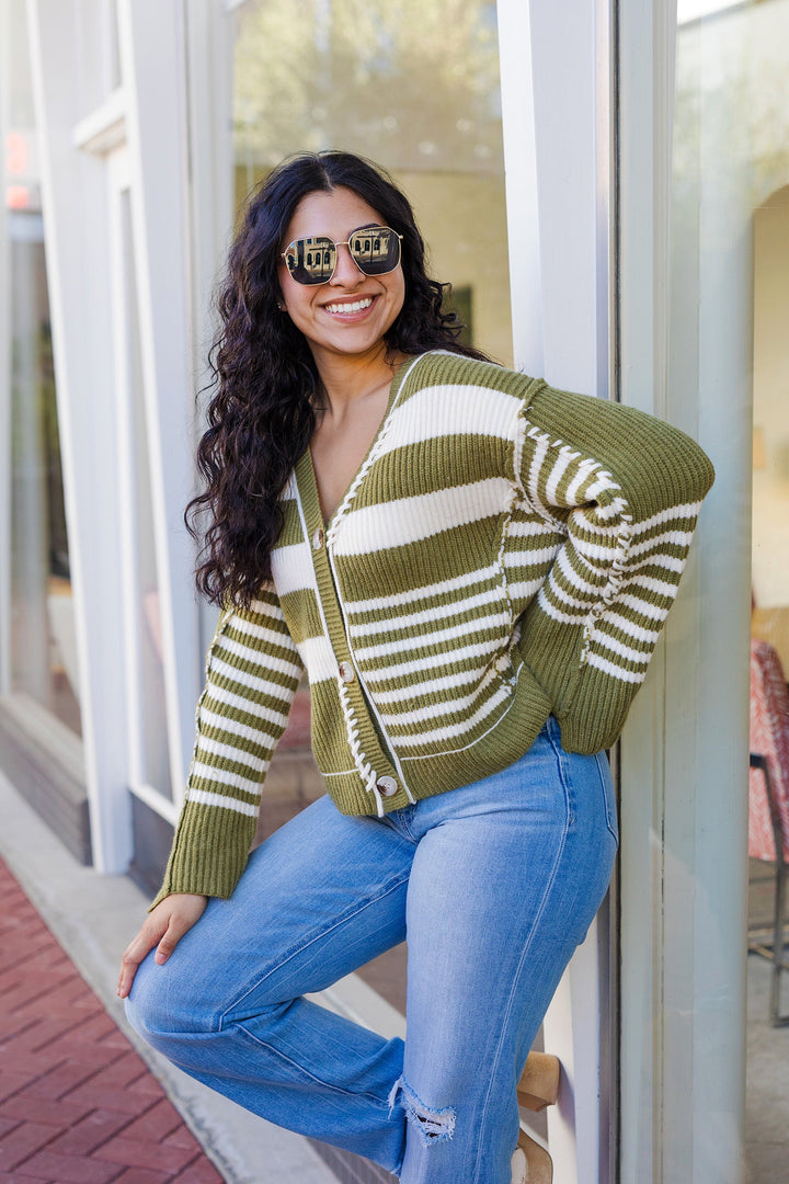 The Hidden Potential Olive and Ivory Striped Cardigan