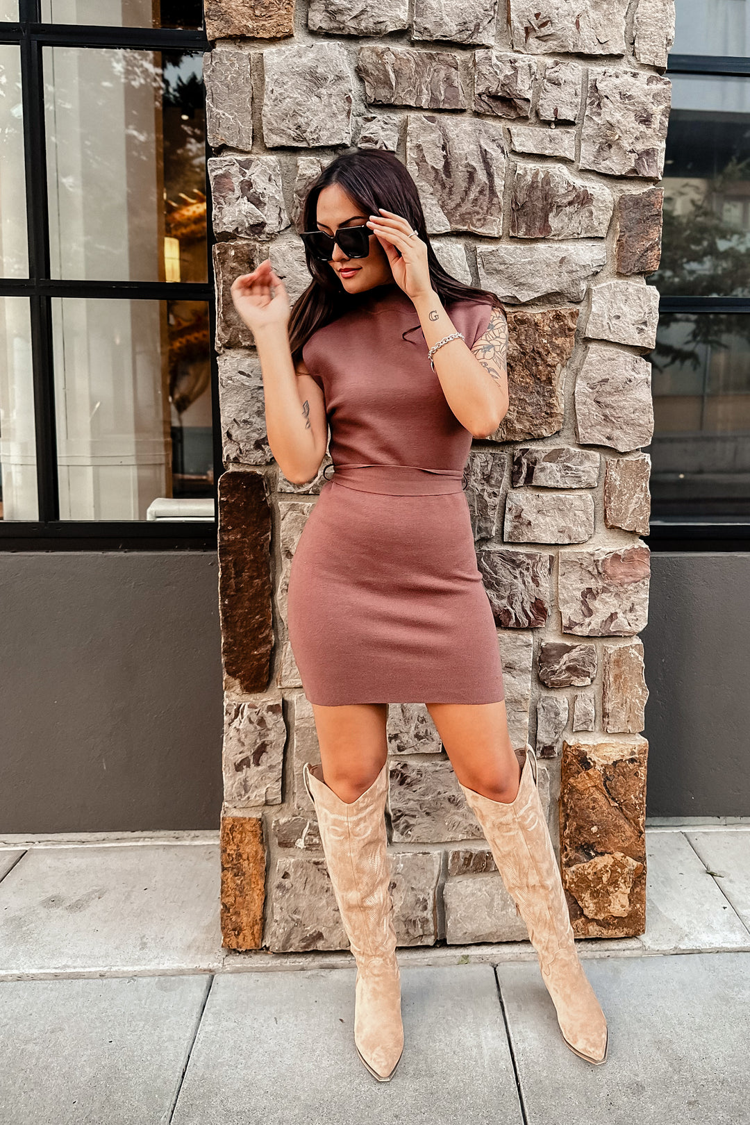 The Gigi Mock Neck Power Shoulder Knit Mini Dress