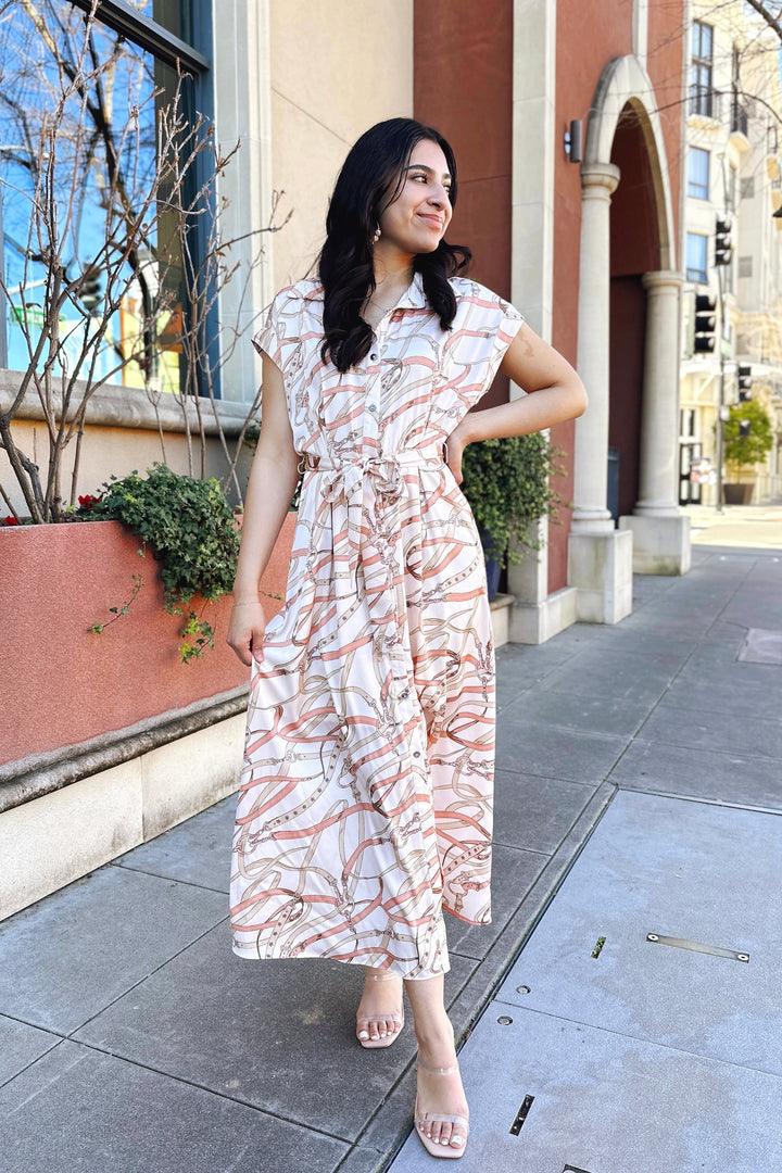 The Buckle Up Natural Harness Print Midi Dress