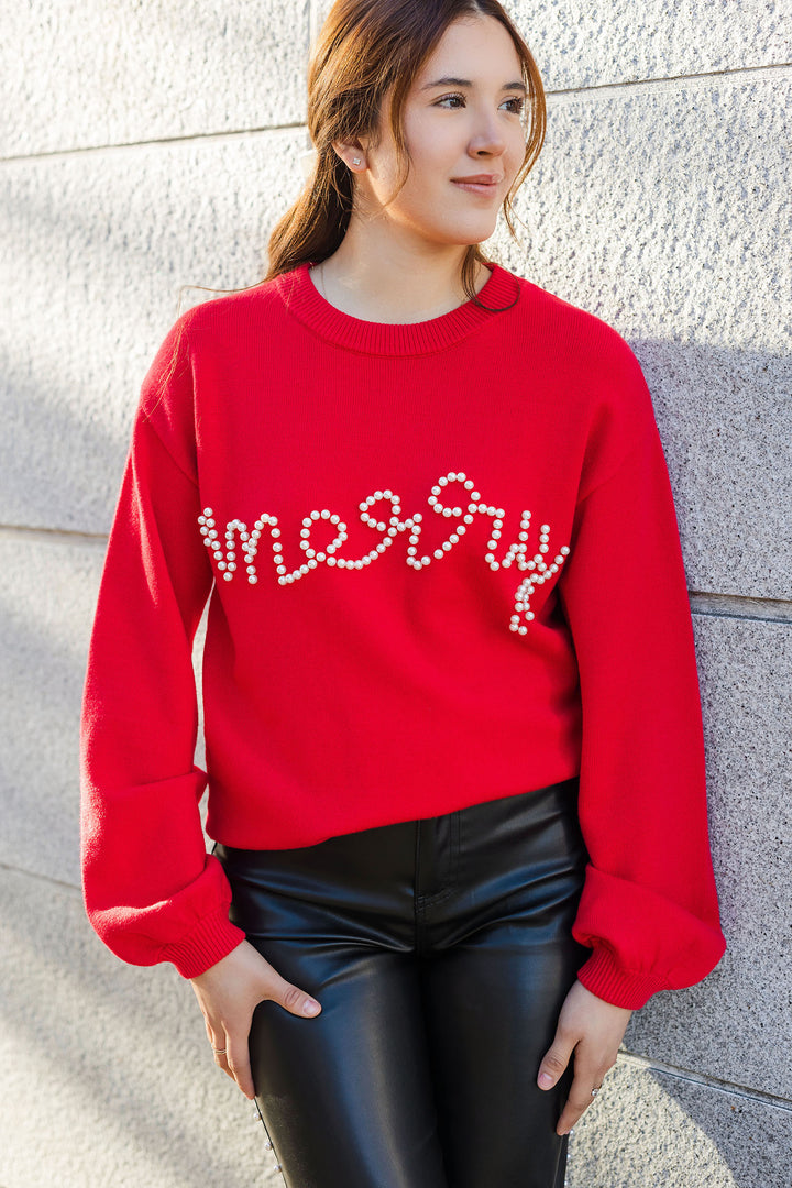 The Merry Christmas Red Pearl Sweater